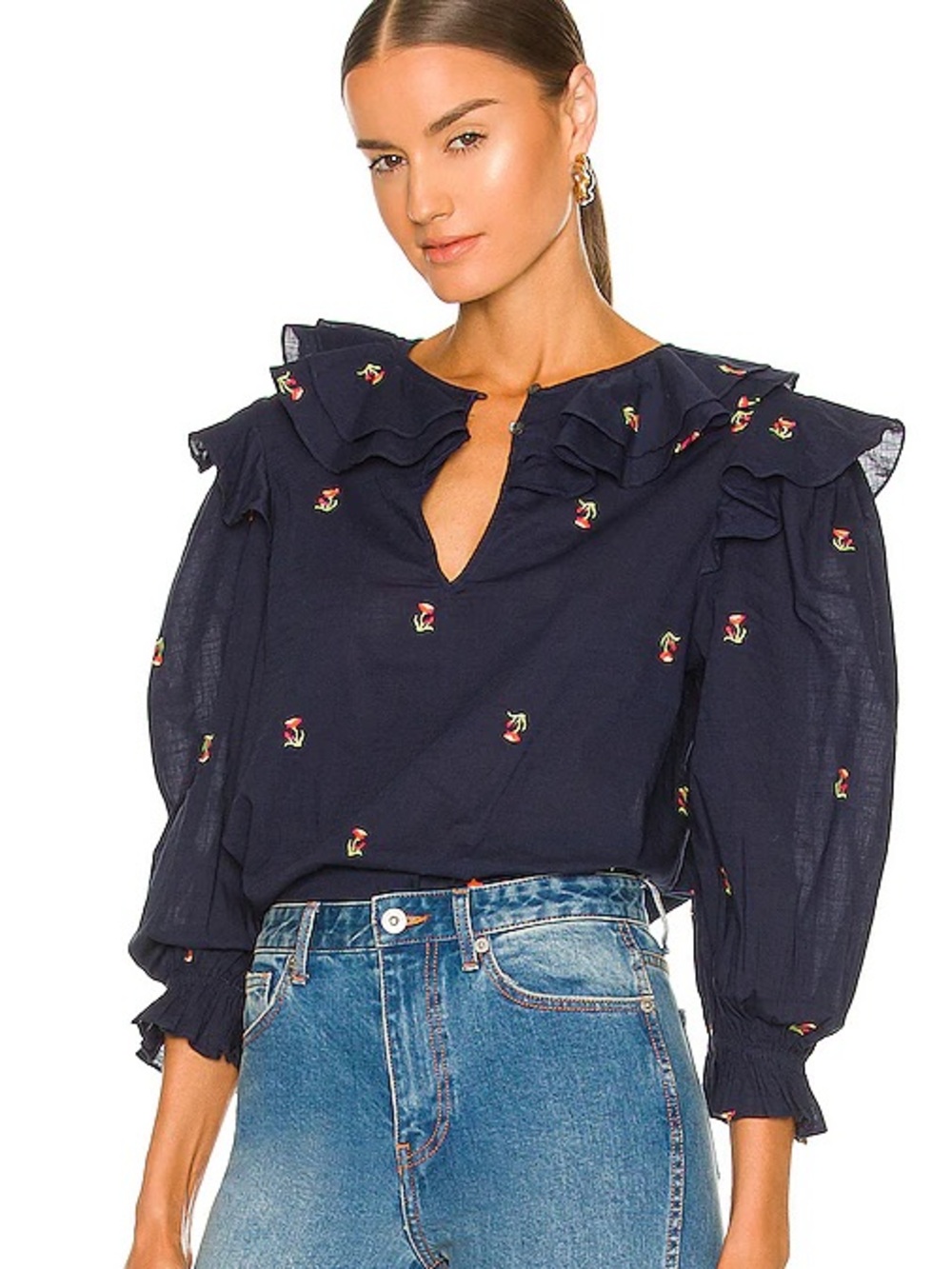 SOMETHING NAVY NWT Embroidered Ruffle Collar Button Flower Top in Navy